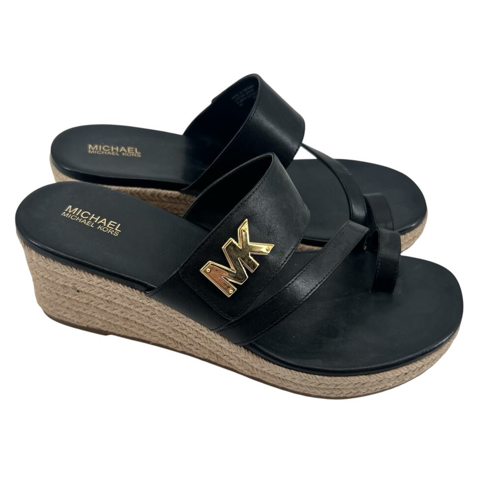 Michael Kors Women's 9 Sidney mid wedge Espadrille Sandals black & gold slip on - Picture 2 of 7